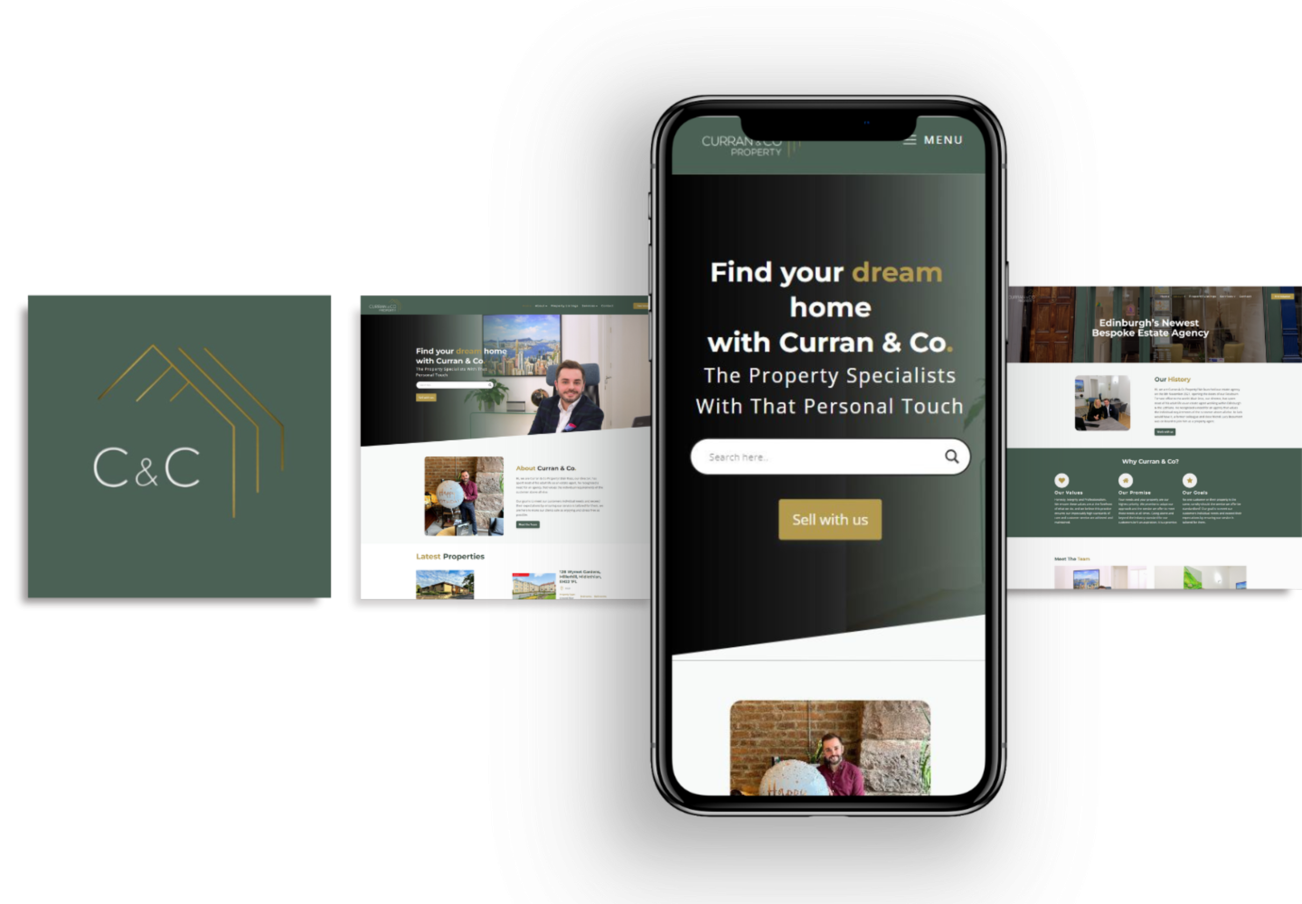 showcase of the curran and co website in three square images and a mobile mockup