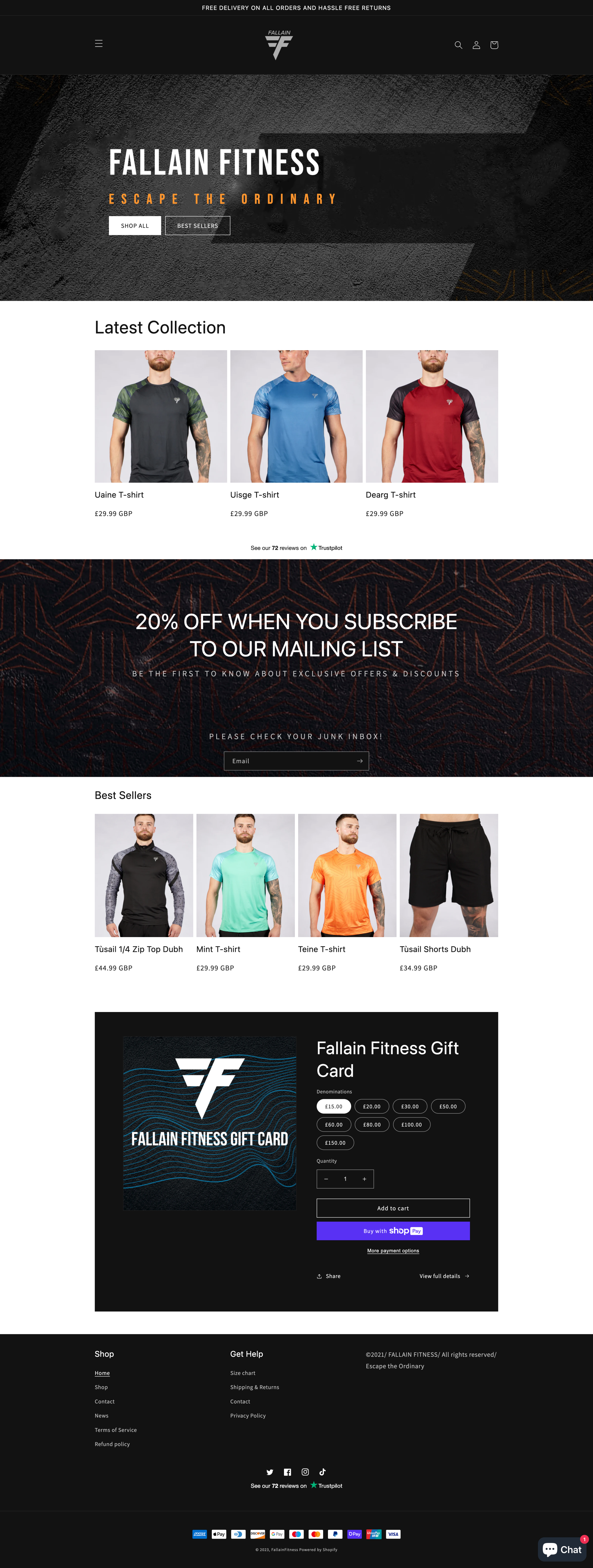 screenshot of the fallain fitness website selling men's gym clothes