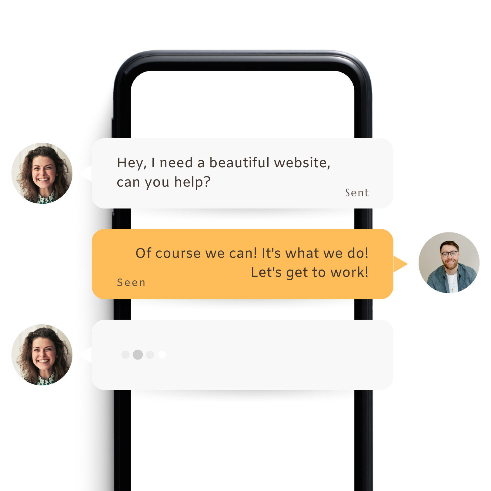 Mockup of a text conversation with yellow and grey speech bubbles a woman with curly hair on one side and a bearded man on the other both in small circles